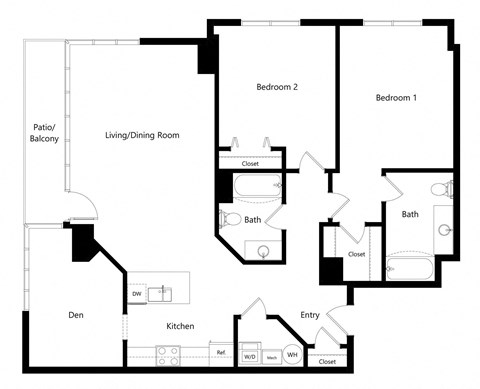 Floor plan for 2 beds, 2 baths, 1370 sqft